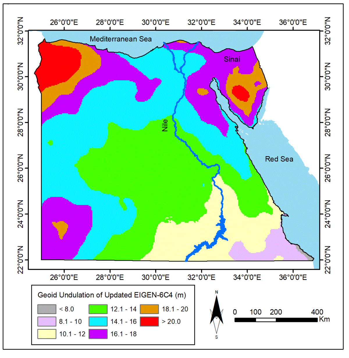 Featured figure showing GGM-Based Geoid Undulations over Egypt (part of Fig. 4.1 in the article)